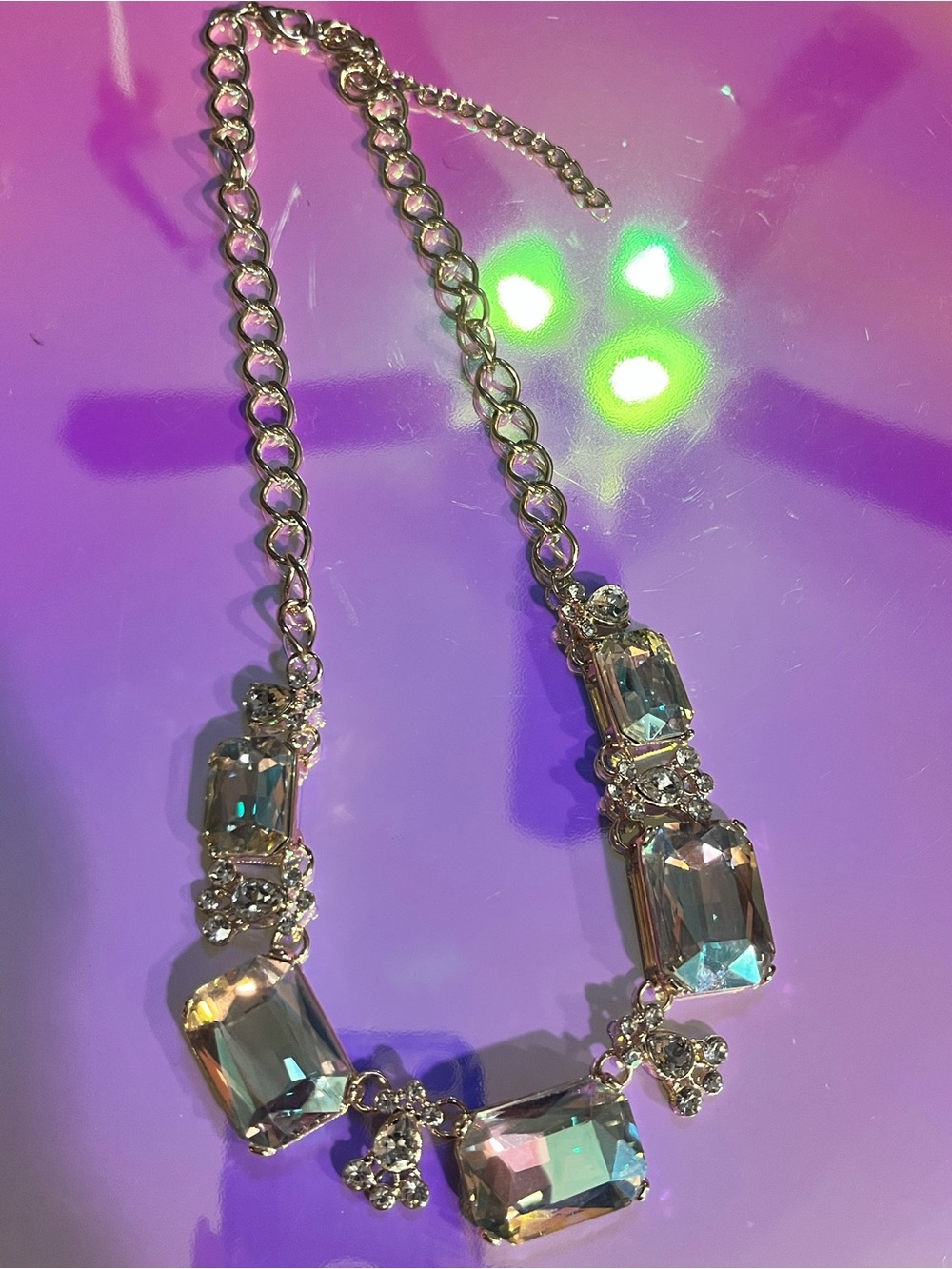 Source Unknown Iridescent Clear Crystal Pendant Necklace Gold Tone